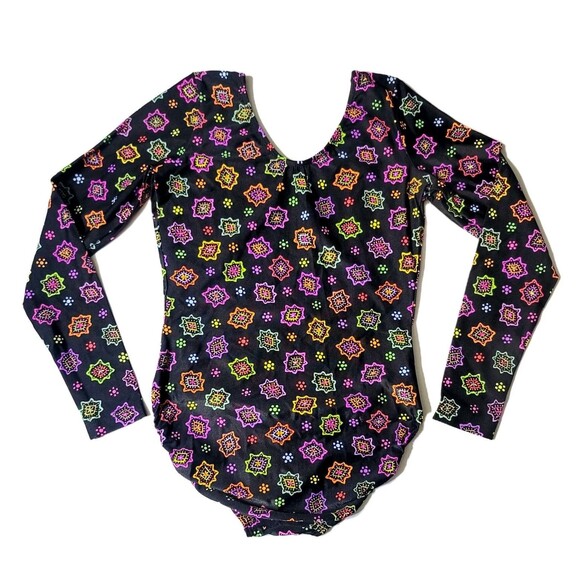 GK Elite AL Scoop Neck Leotard VTG Long Sleeve Adult L Neon Black Geometric NWT - Picture 6 of 9
